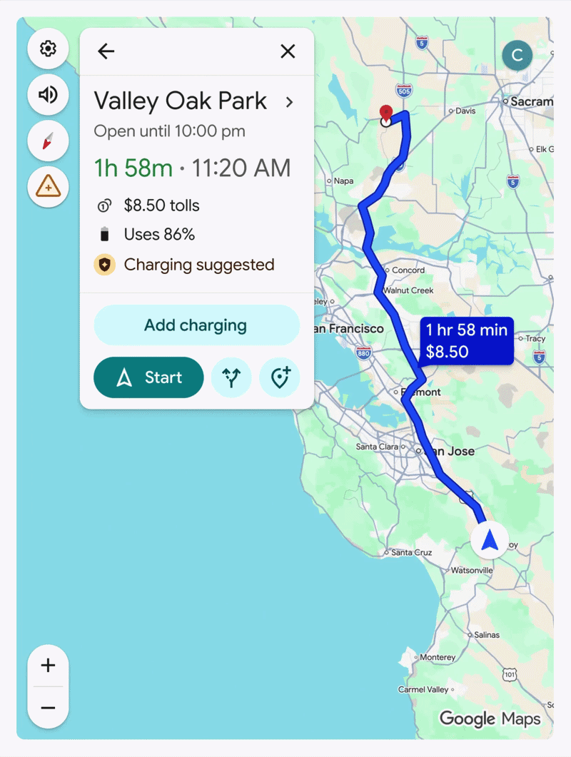 Um GIF destacando a estimativa de bateria EV do Google Maps.