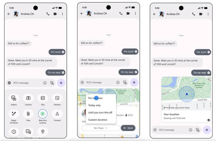 Schermate che evidenziano la condivisione della posizione di Google Messaggi.