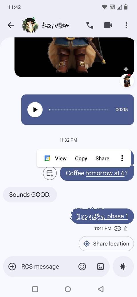 Screenshot showing the Calendar link in Google Messages