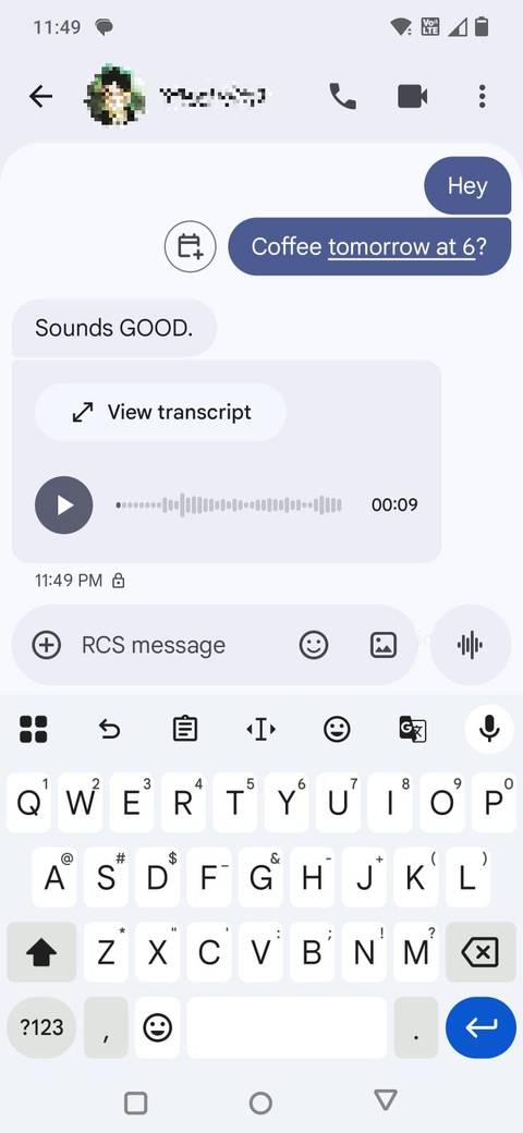 Screenshot showing the Transcript option in Google Messages