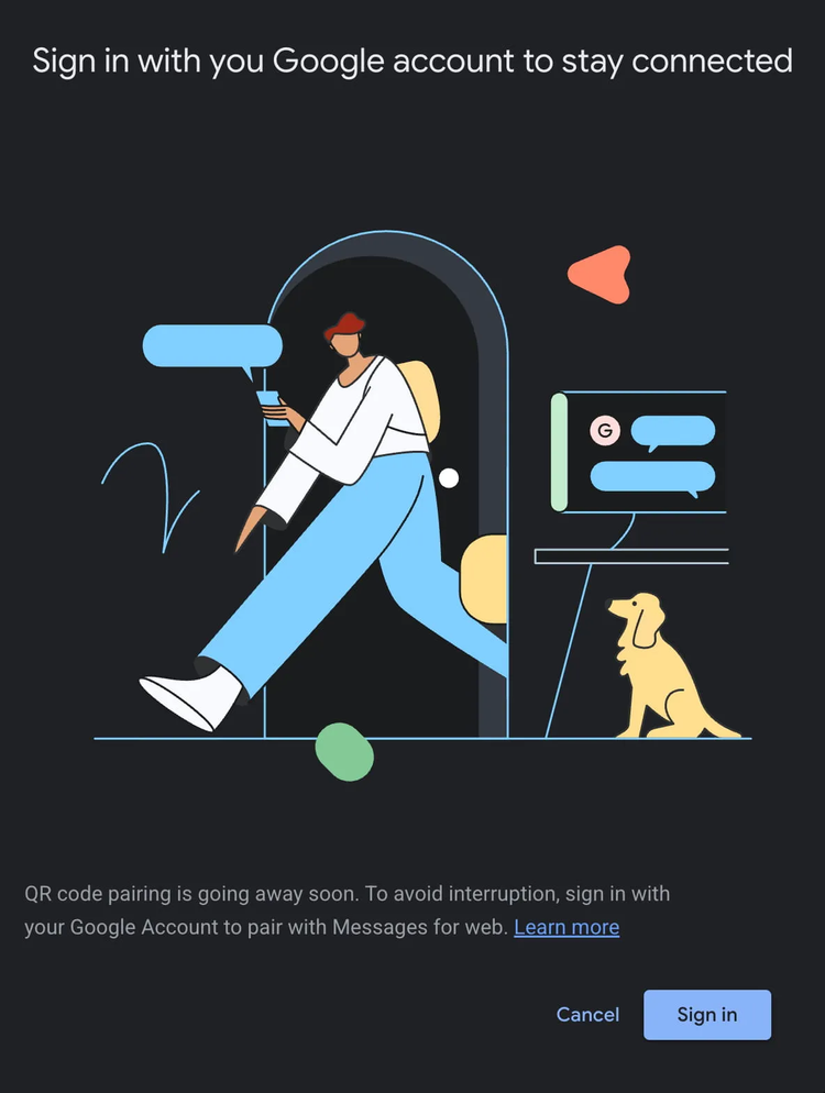 Uma captura de tela destacando o Mensagens do Google no suporte expirado ao código QR da web.