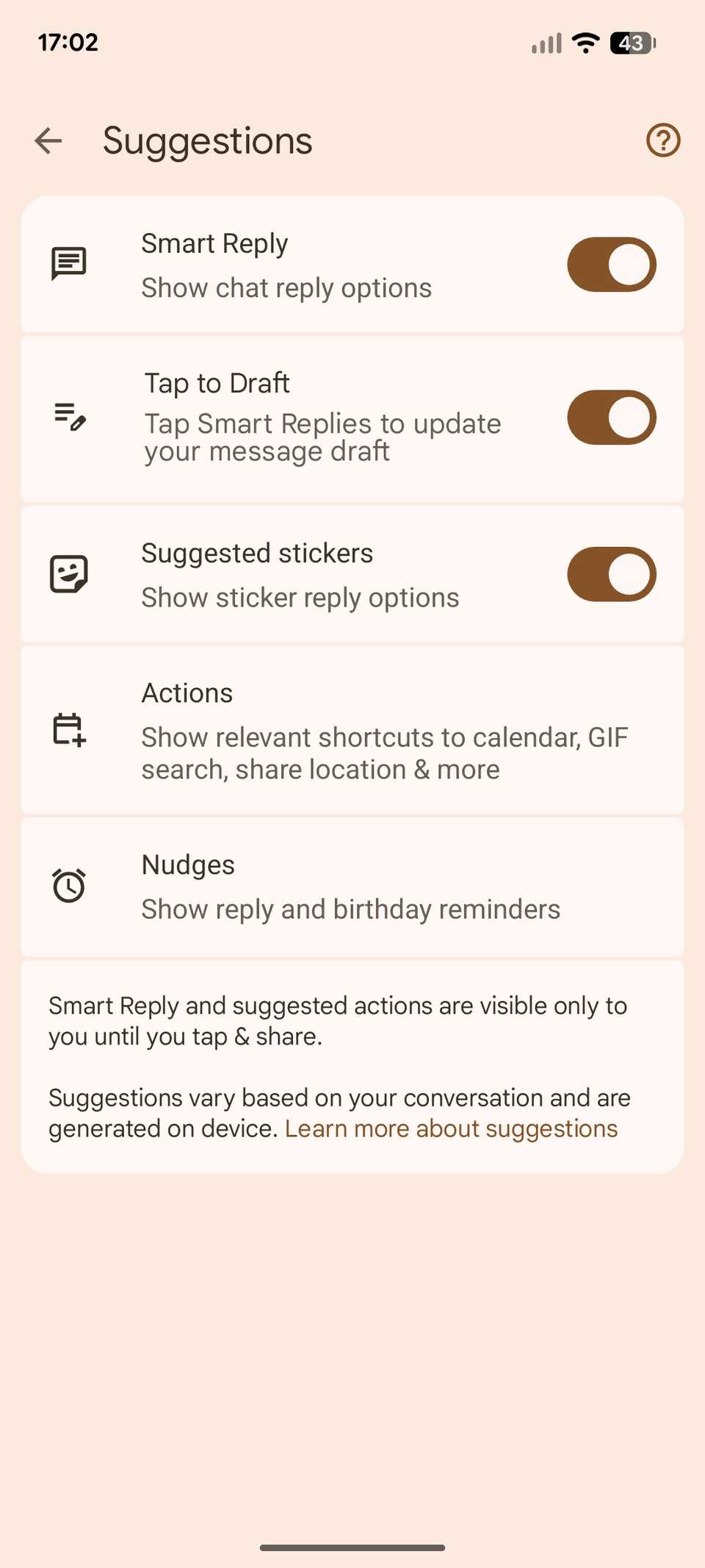 Google Messges settings Suggestions Tap to Draft