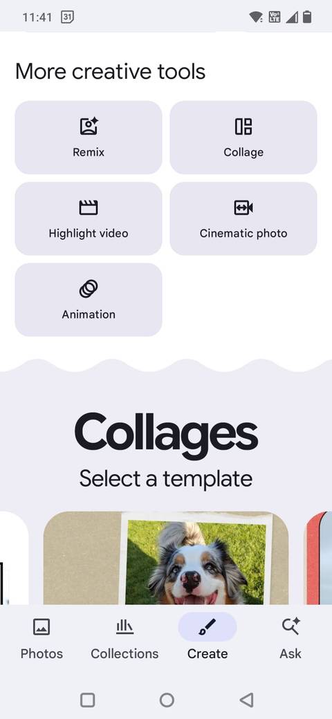 Screenshot showing the create tools section in Google Photos