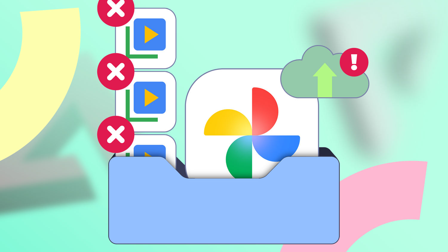 Google Photos logo in a folder with video icons and a cloud storage alert