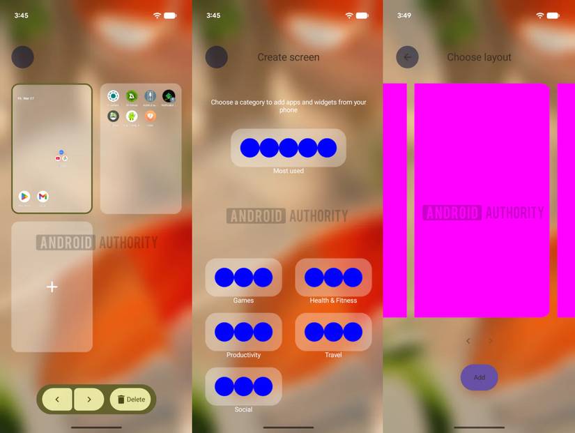 Capturas de tela destacando o organizador da tela inicial potencialmente futuro do Android 17.