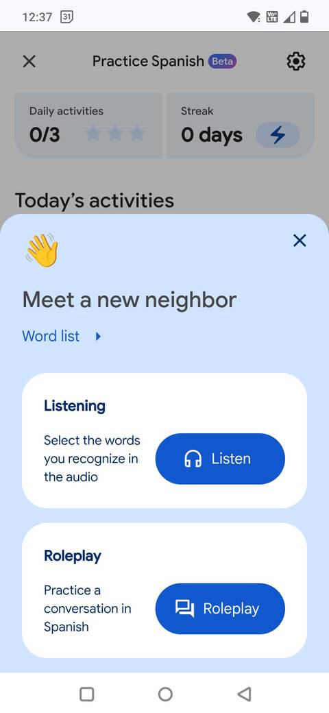 Screenshot showing the Practice mode in Google Translate