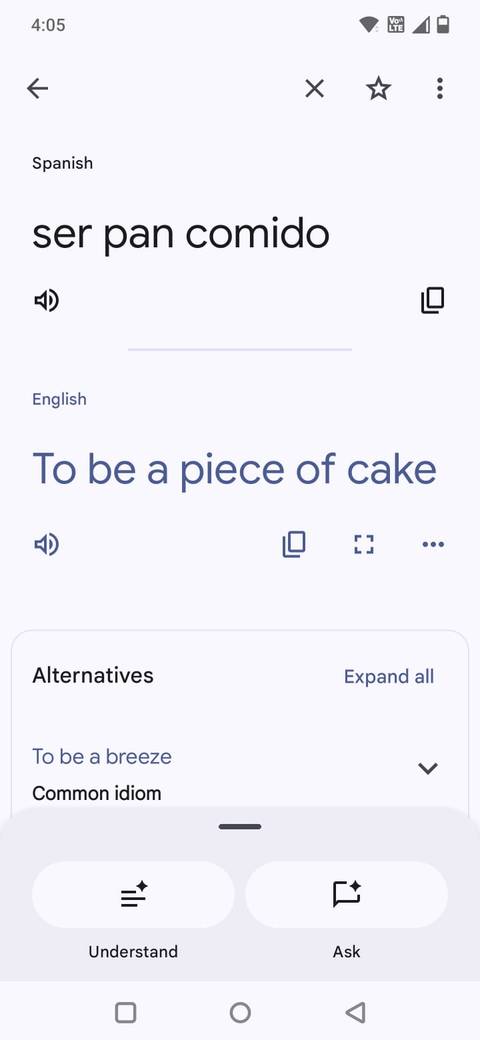 Screenshot showing the Understand and Ask options in Google Translate