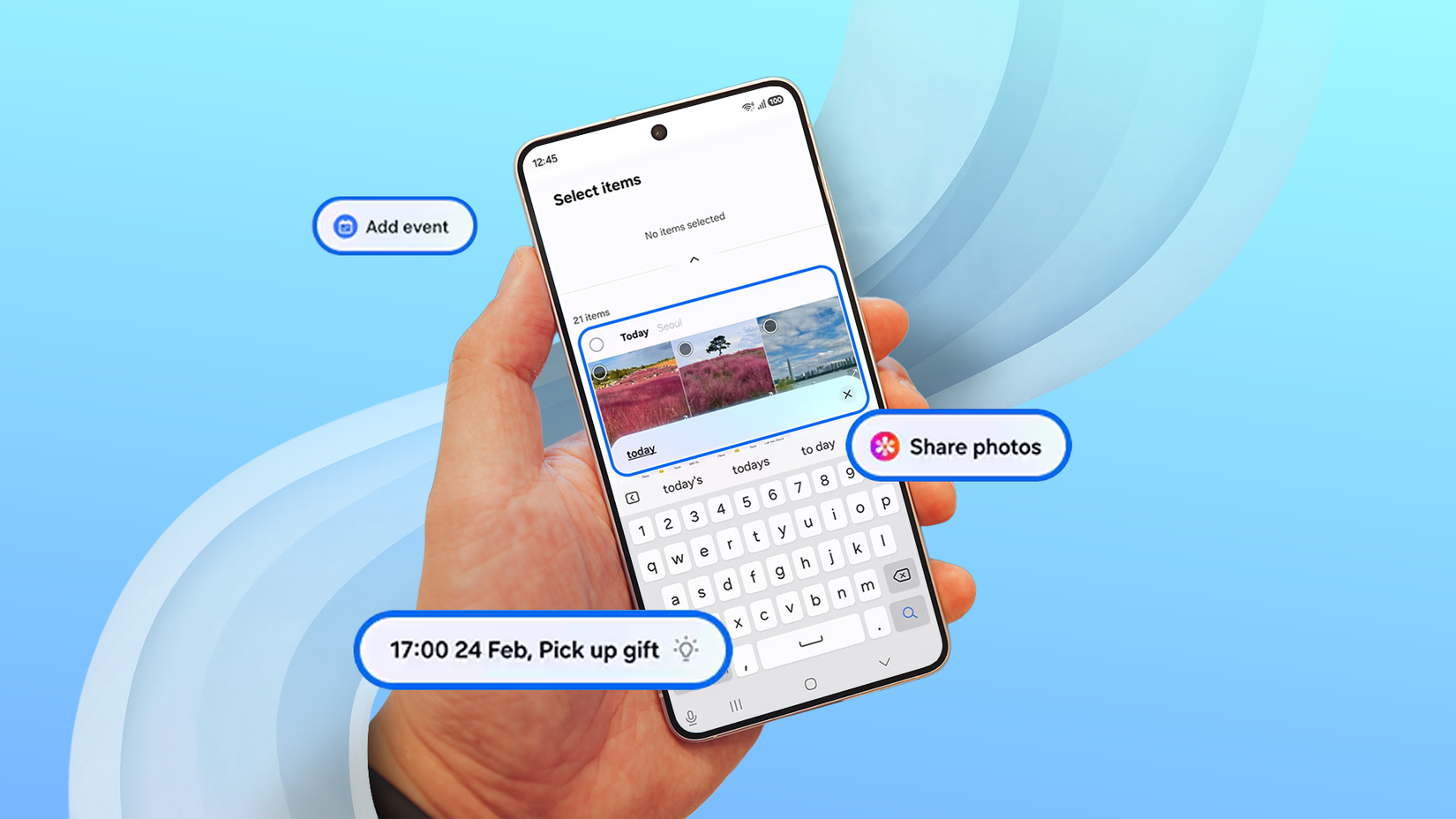 Hand holding a Galaxy s26 phone with floating contextual AI nudges for calendar events and photo sharing.