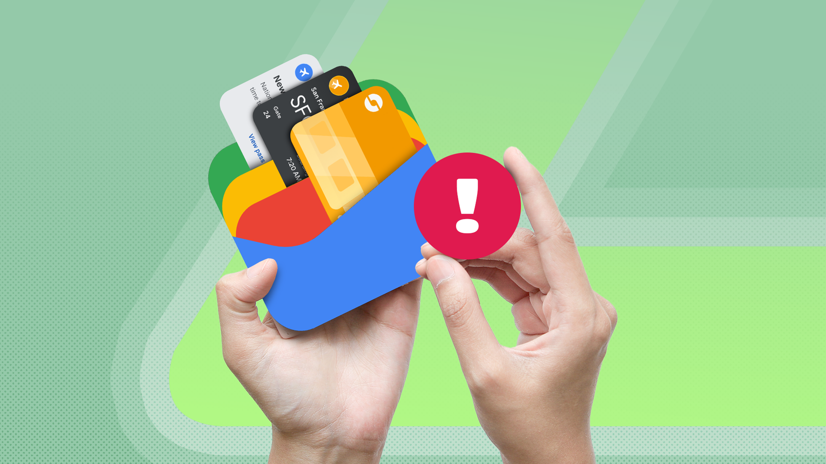 Mãos segurando um logotipo da Google Wallet preenchido com passes digitais e um ícone de alerta de ponto de exclamação vermelho.