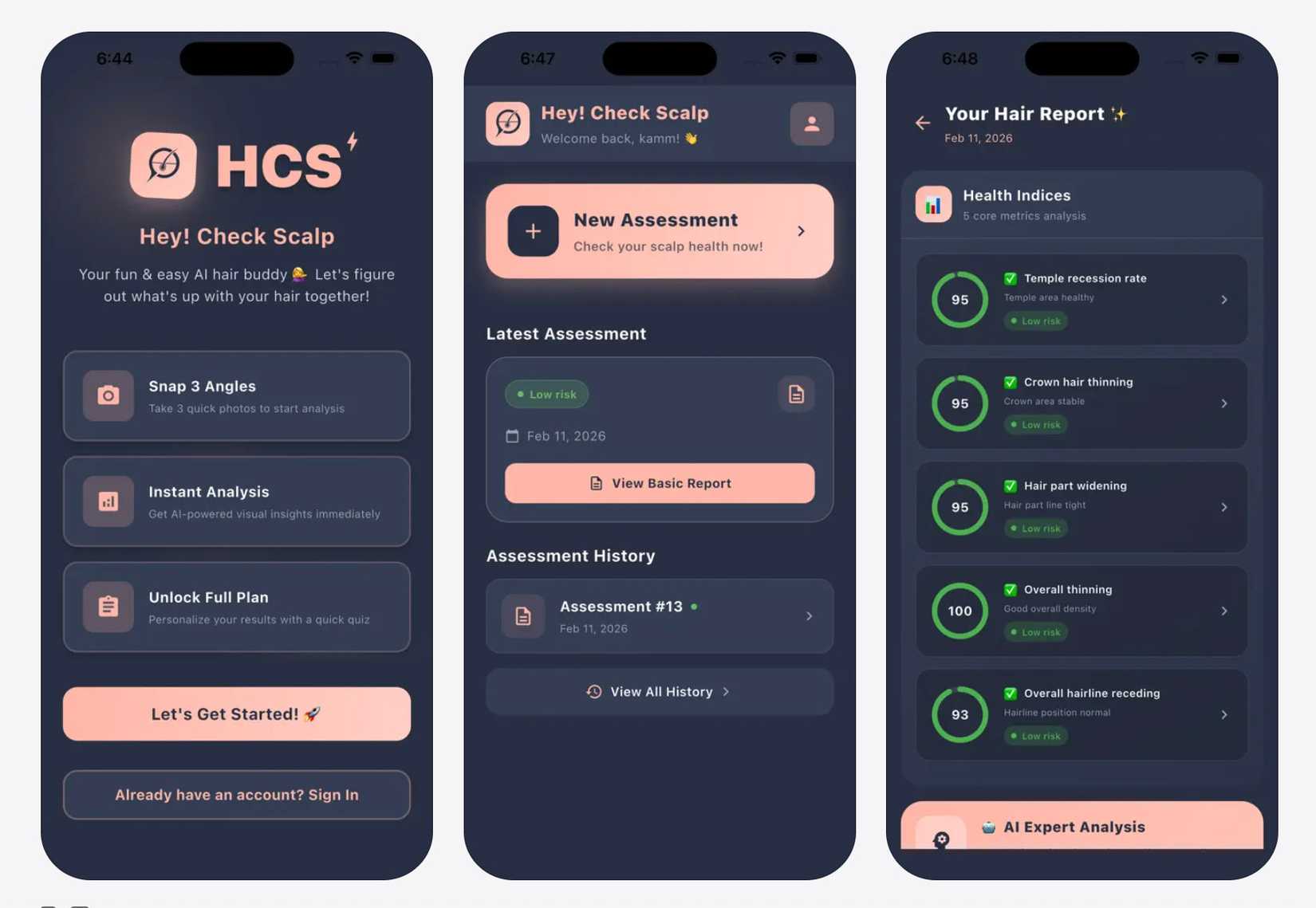 tre schermate dell'app HeyCheckScalp