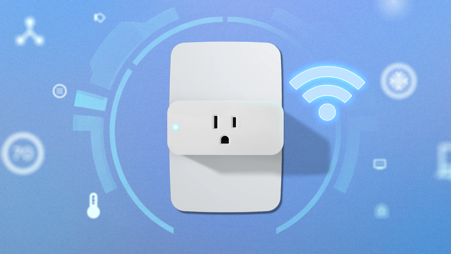 Illustration of a smart plug in a wall outlet with digital home automation icons on a blue background.
