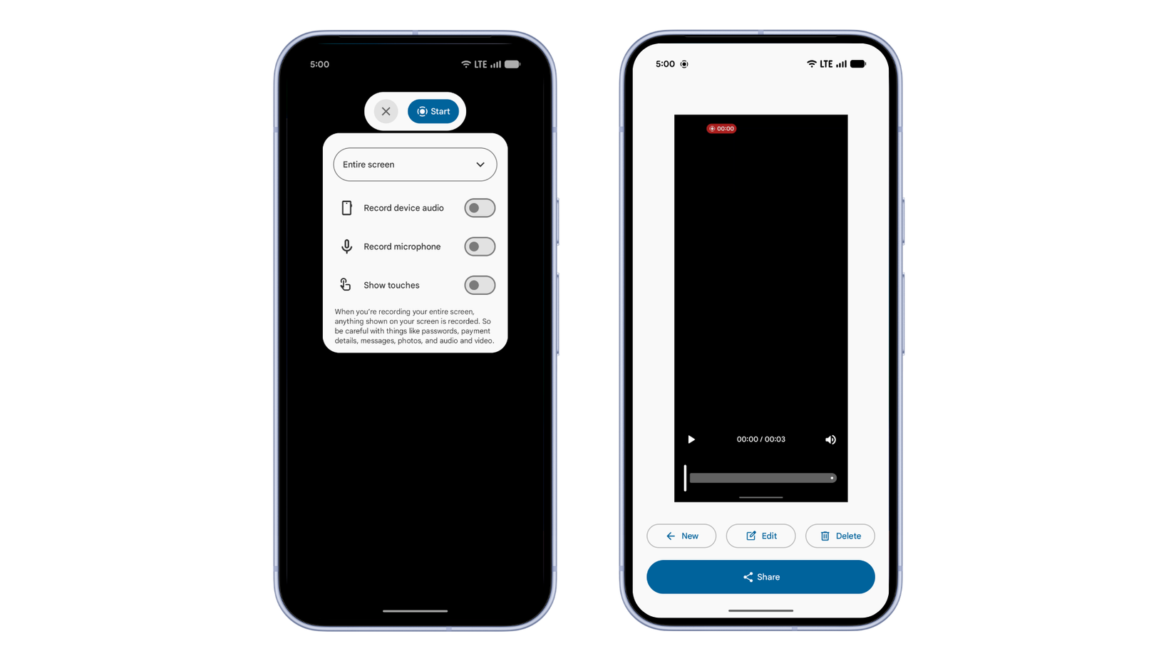 Capturas de tela destacando o menu de gravação de tela redesenhado do Android 17 beta 3.