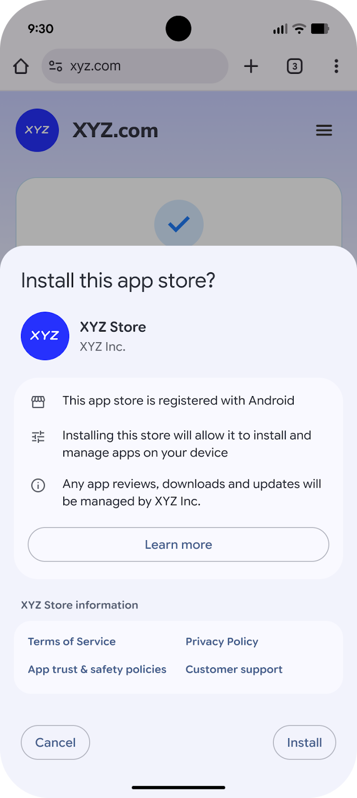 Uno screenshot che evidenzia un flusso di installazione più semplice per gli app store di terze parti. 