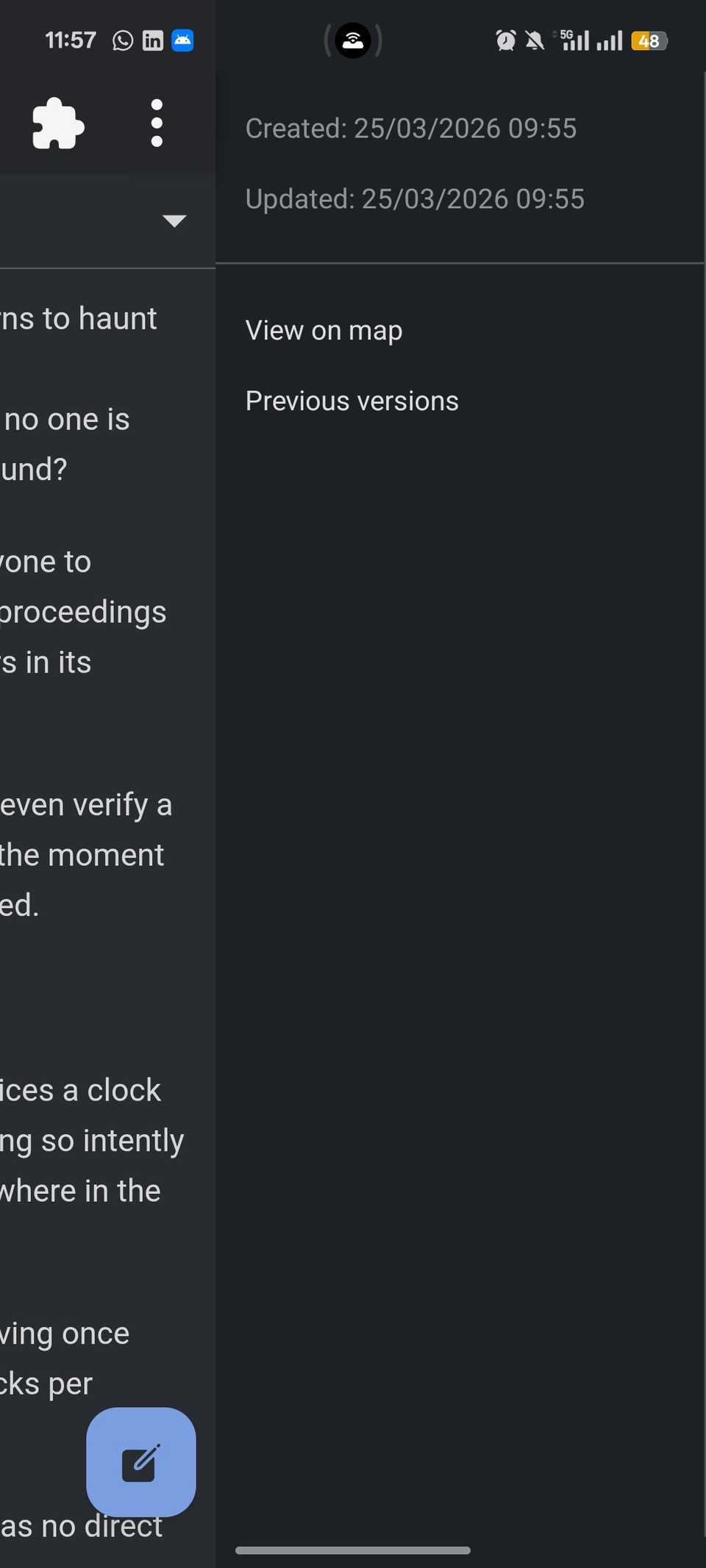 Note properties menu on Joplin app showing date of creation and update