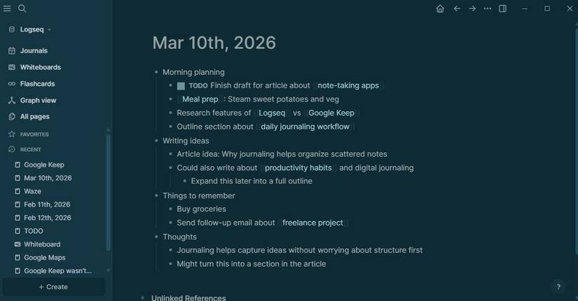 Captura de tela mostrando uma entrada diária no Logseq