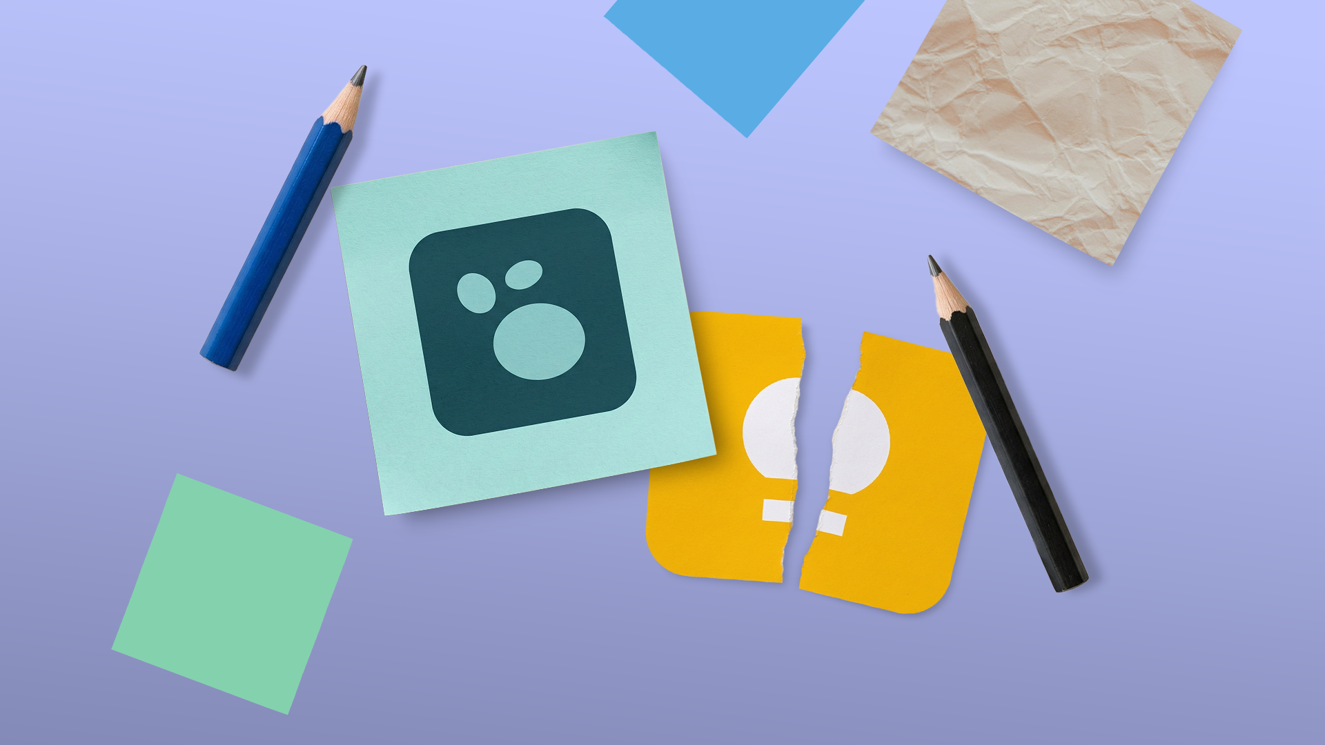 Logseq logo and a torn Google Keep logo on sticky notes with pencils on a purple background