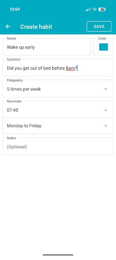 habit tracking app showing completed habit creation form