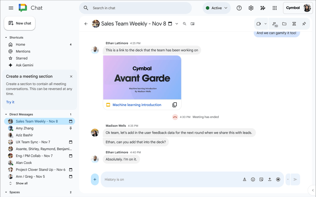 Um GIF destacando a nova seção do Google Chat.