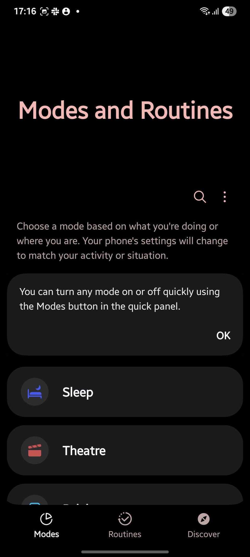 Screenshot showing Modes and routines app