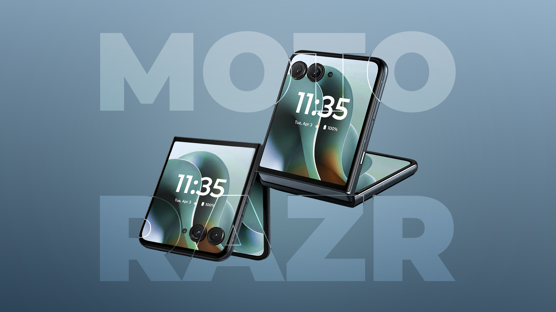 Motorola Razr foldable phones displayed on a branded background.