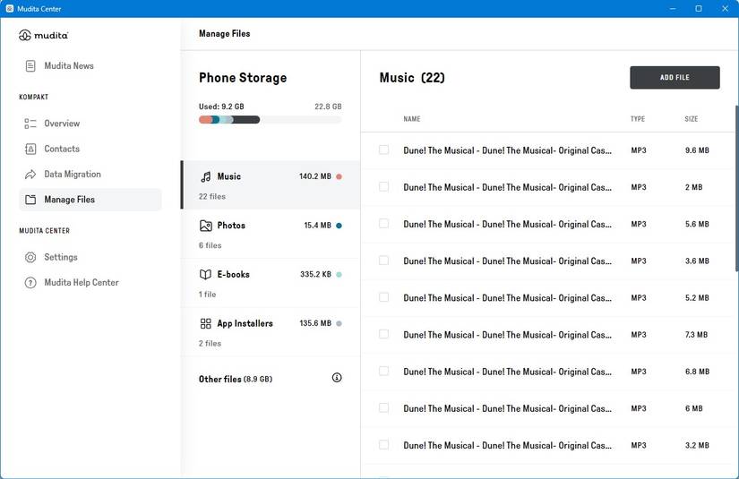 mudita control center app on windows showing list of music tracks