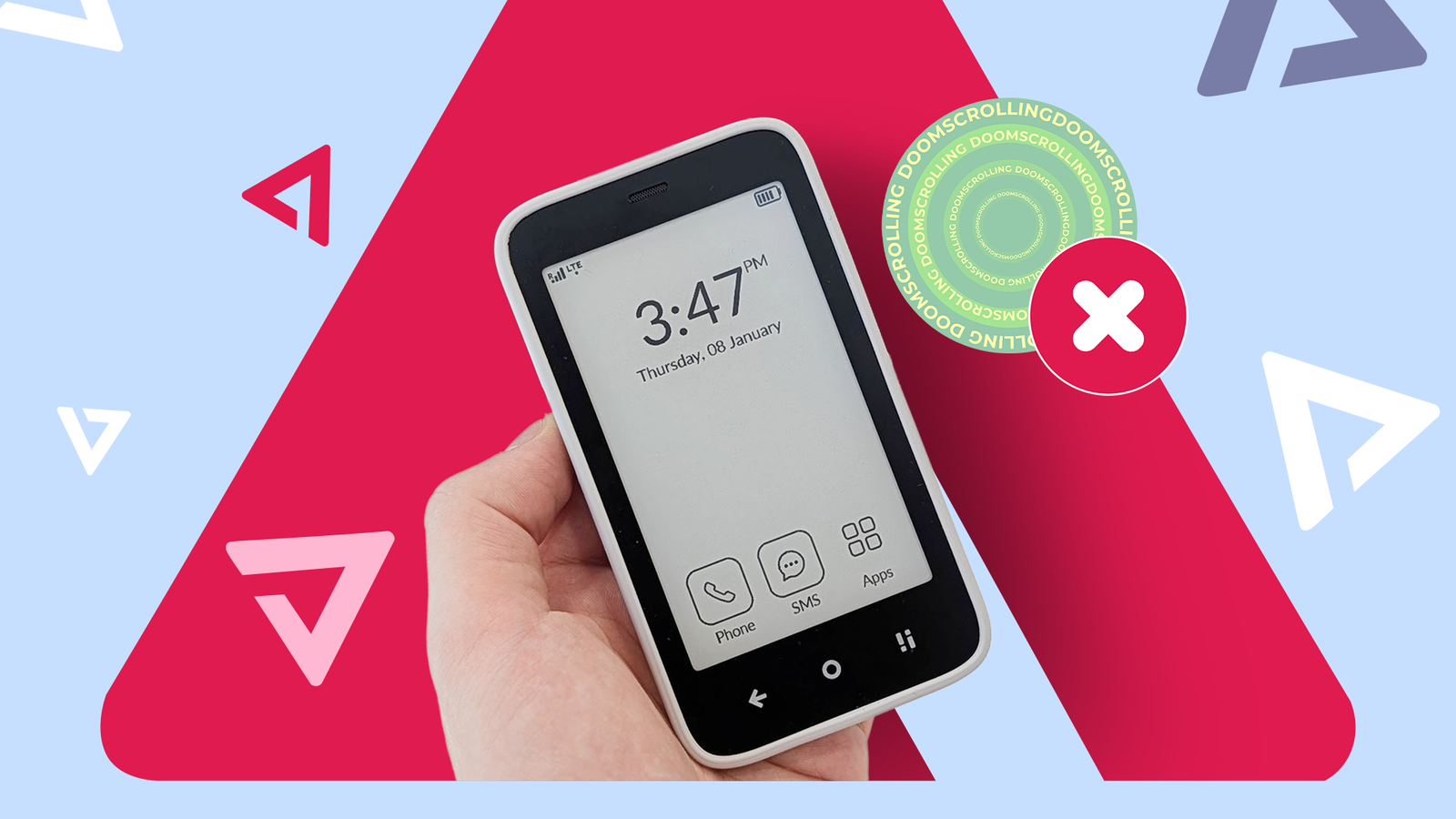 Mudita Kompakt phone with a 'doomscrolling' circle and a red cross symbol.