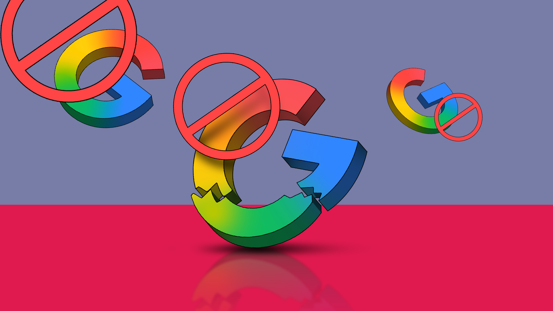 Multiple 3D Google logos, including a cracked one in the center, covered by red prohibition signs.