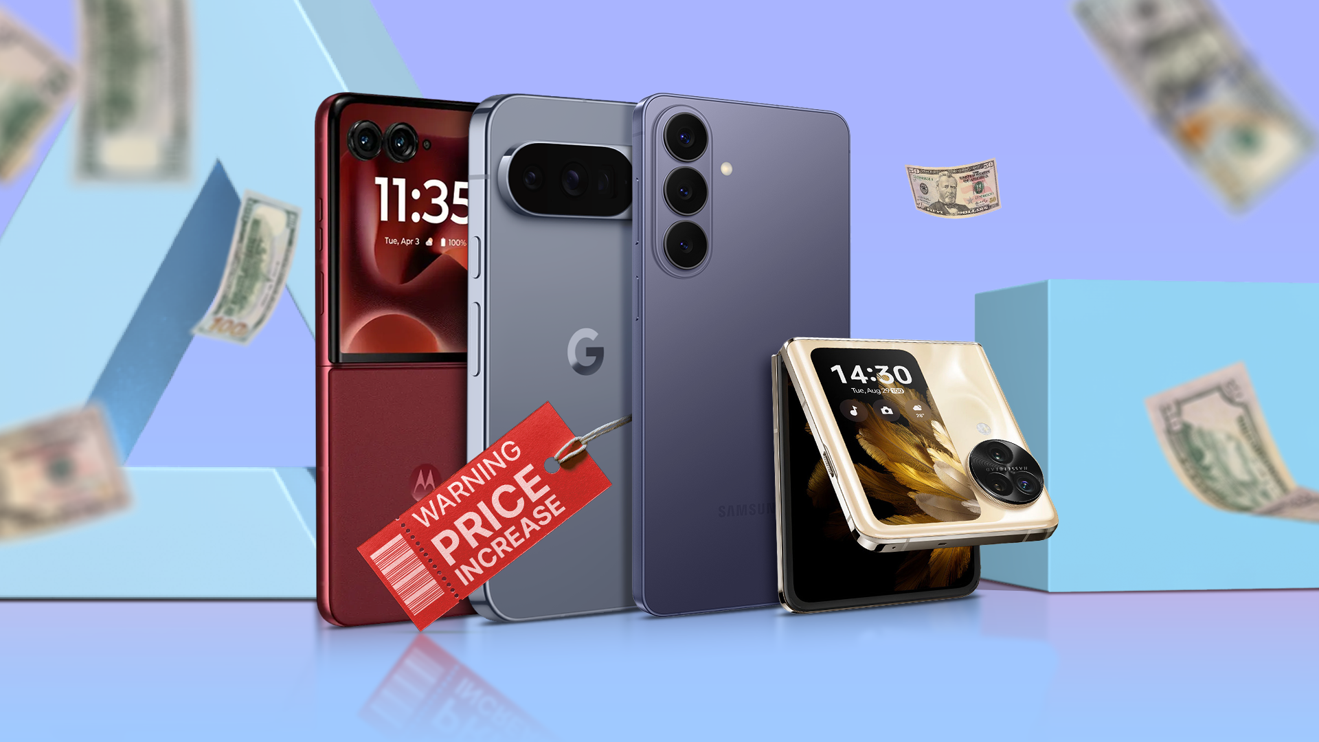 Multiple modern smartphones with a red 'Price Increase' warning tag and falling dollar bills in the background.