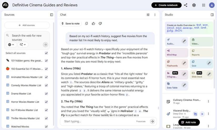 Captura de tela mostrando recomendações de filmes no NotebookLM