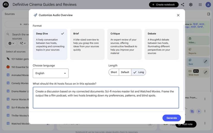 Screenshot che mostra la richiesta di Panoramica audio in NotebookLM