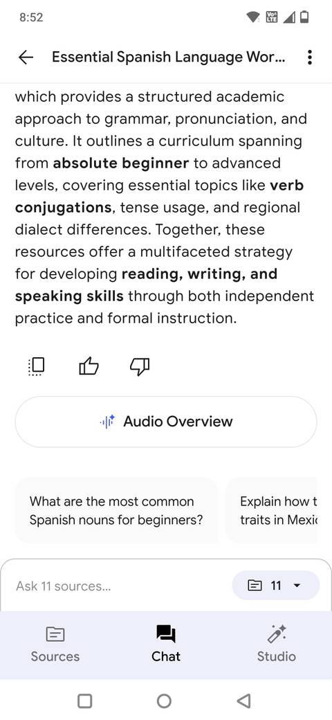 Screenshot showing the summary of a notebook in the NotebookLM mobile app