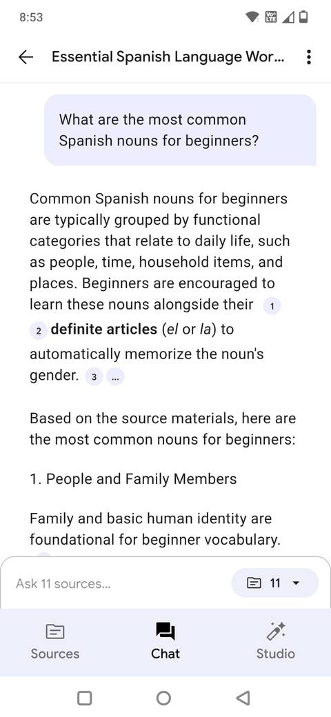 Screenshot showing a chat in the NotebookLM mobile app