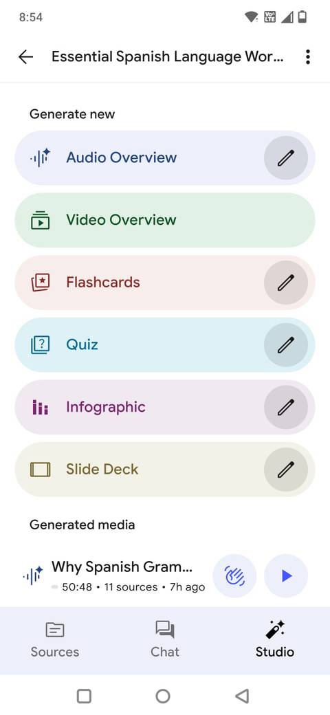 Screenshot showing the Studio Panel in the NotebookLM mobile app