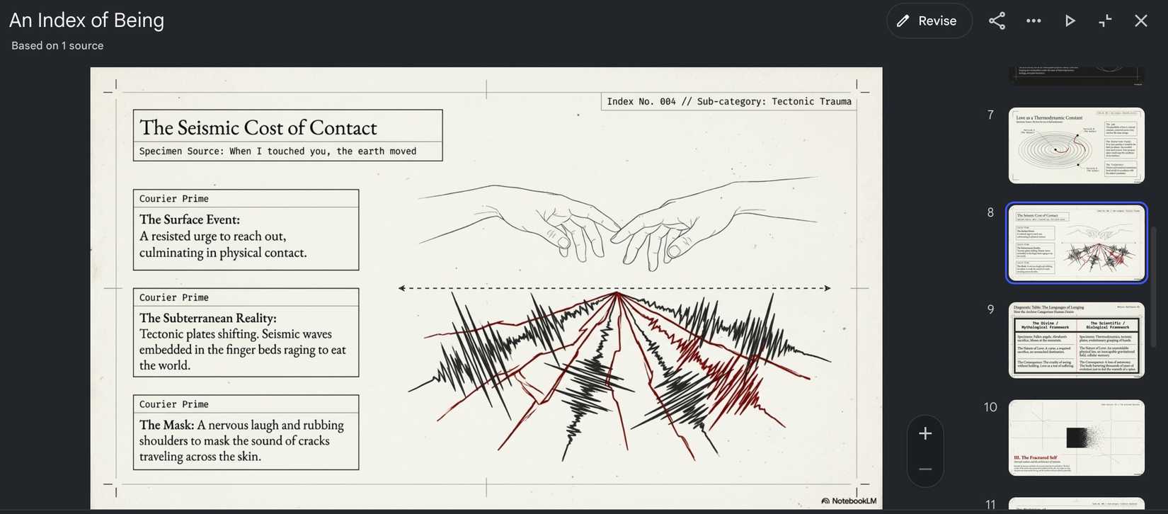 Slides do NotebookLM mostrando uma análise detalhada da coleção de poemas enviada pelo usuário