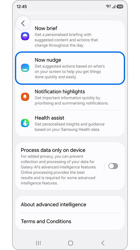 Image showing Now nudge in one ui settings