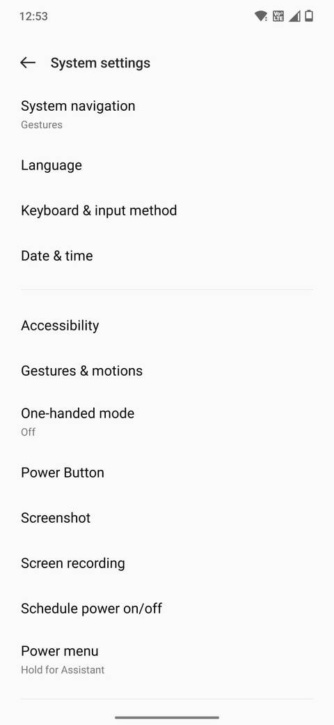 Screenshot che mostra la pagina Impostazioni di sistema su Android