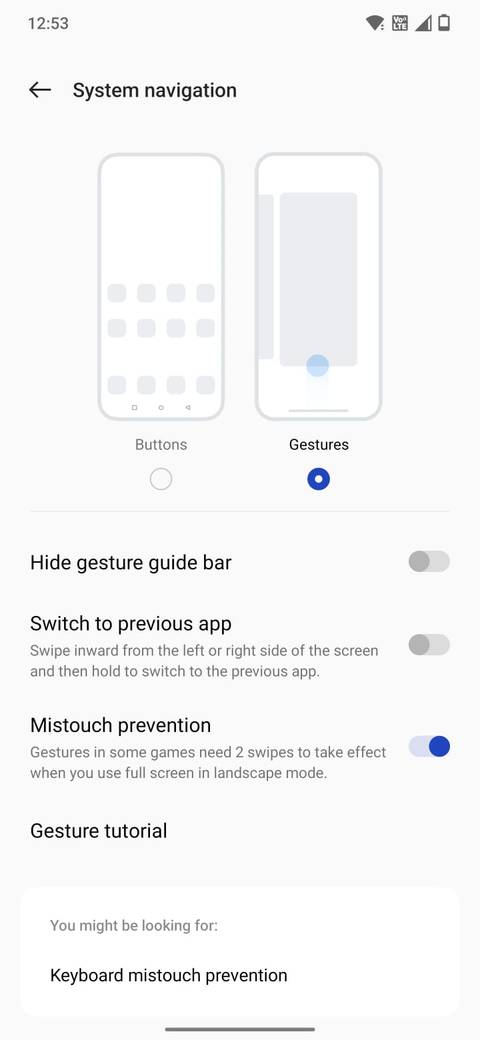 Screenshot che mostra l'attivazione/disattivazione dei gesti nelle Impostazioni di sistema