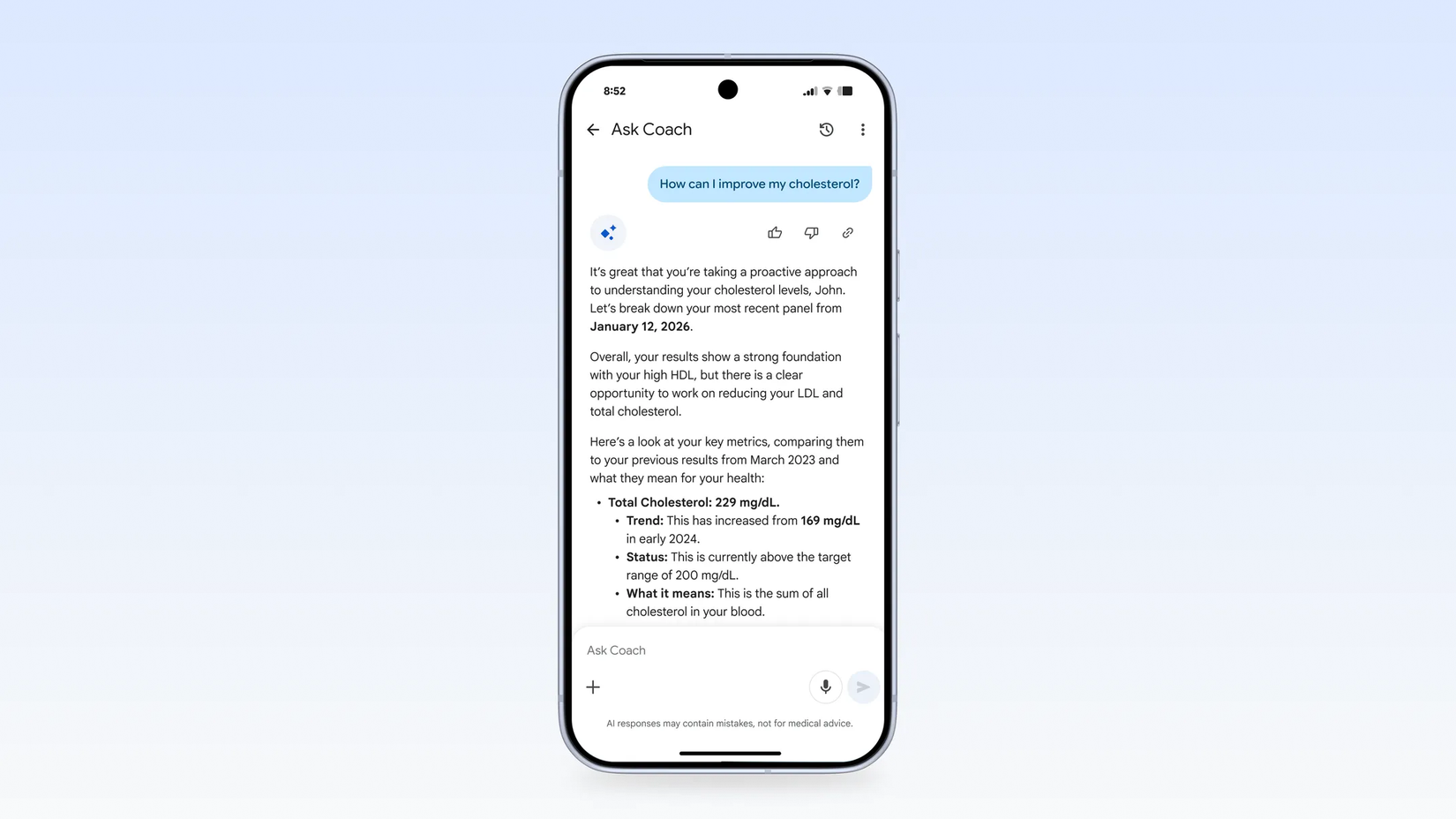 Uma imagem destacando a futura capacidade do Ask Coach de examinar seus registros médicos para responder a perguntas.