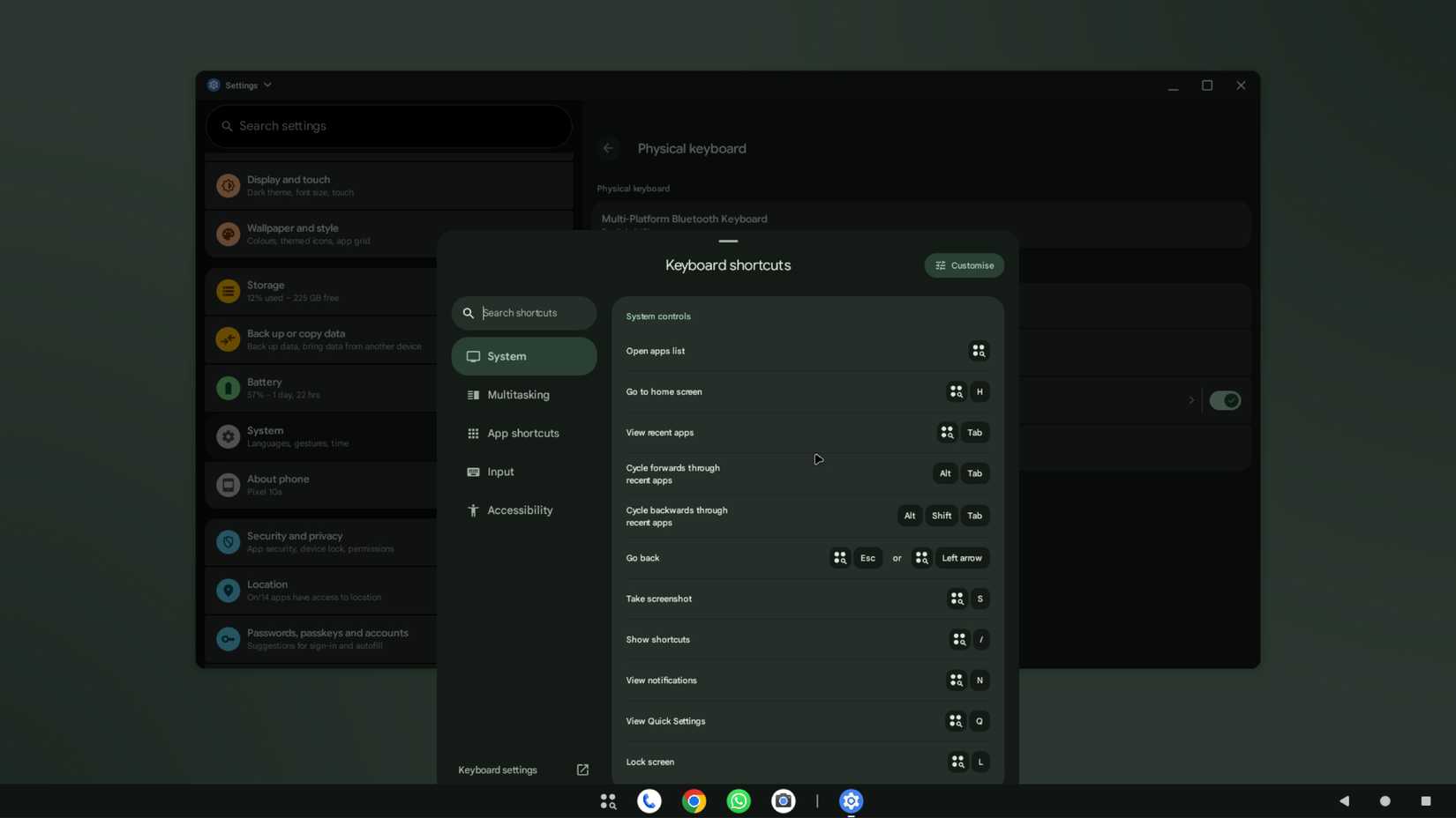 Keyboard shortcuts panel showing system and multitasking key combinations