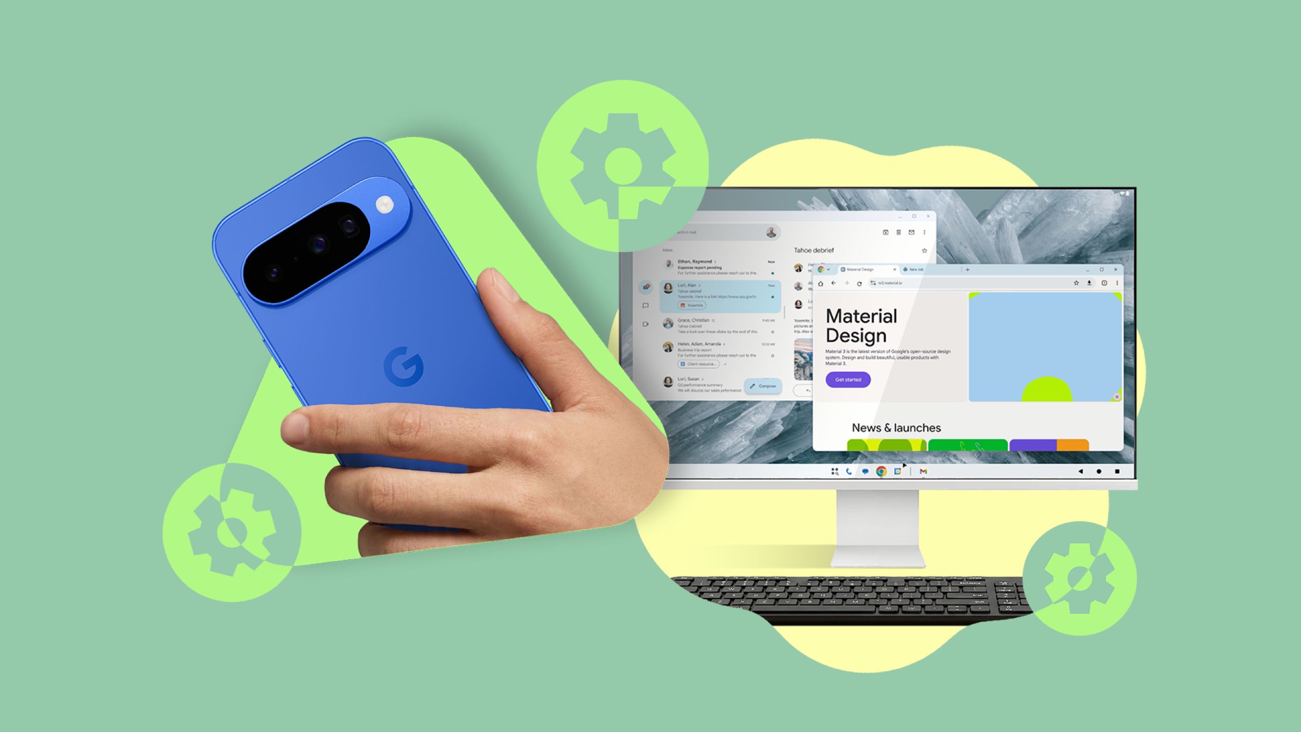 Hand holding a blue Google Pixel phone next to a desktop monitor and keyboard, surrounded by floating gear icons