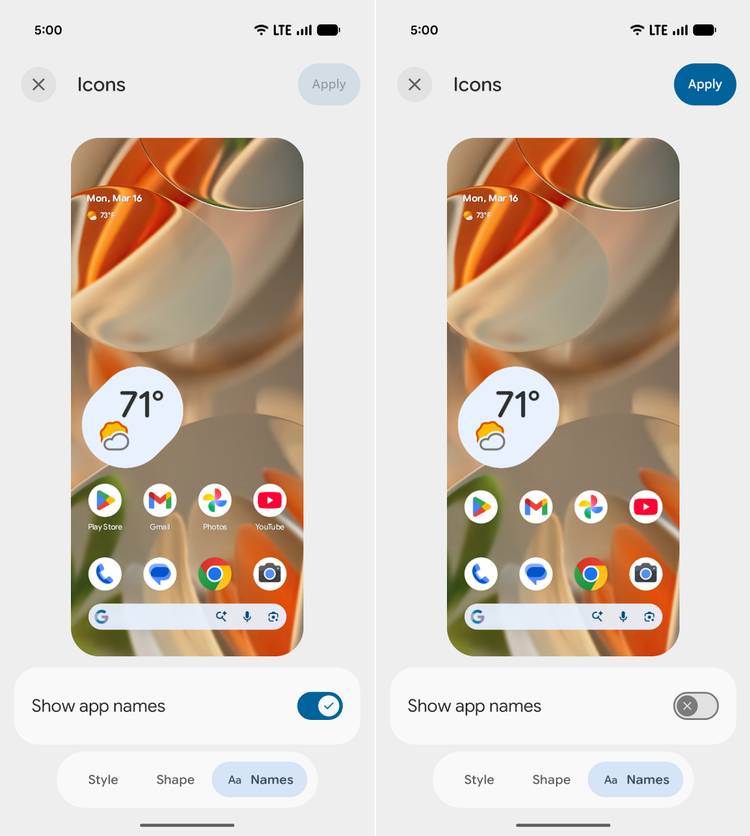 capturas de tela destacando rótulos de aplicativos ocultos na tela inicial.