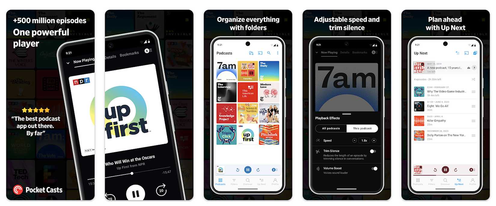 diversas telas de Pocket Casts