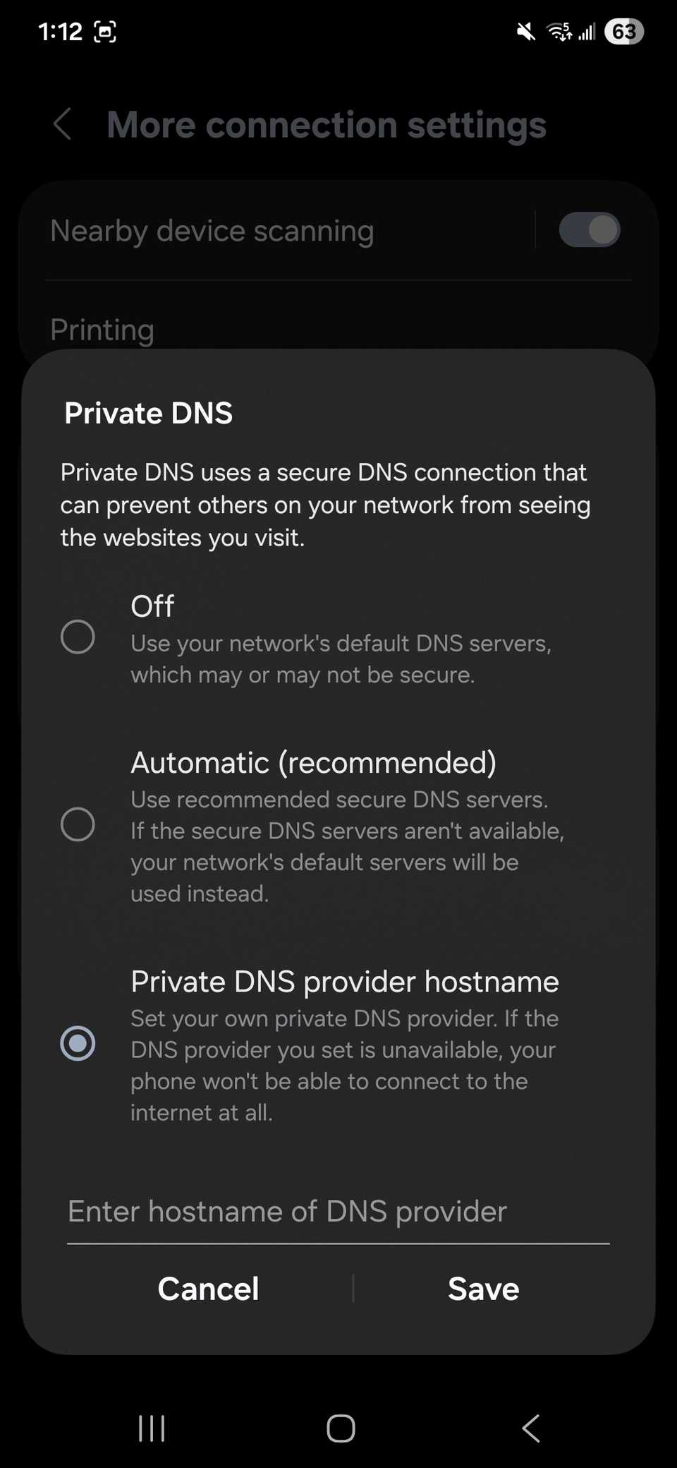 Radio button on Private DNS provider hostname in Private DNS settings window on Samsung