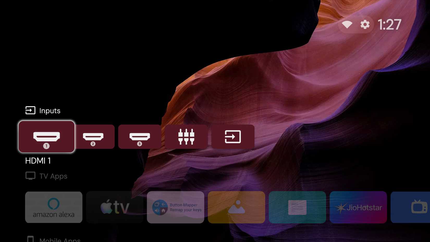 Linha de entradas no inicializador destacando fontes HDMI e dispositivos conectados