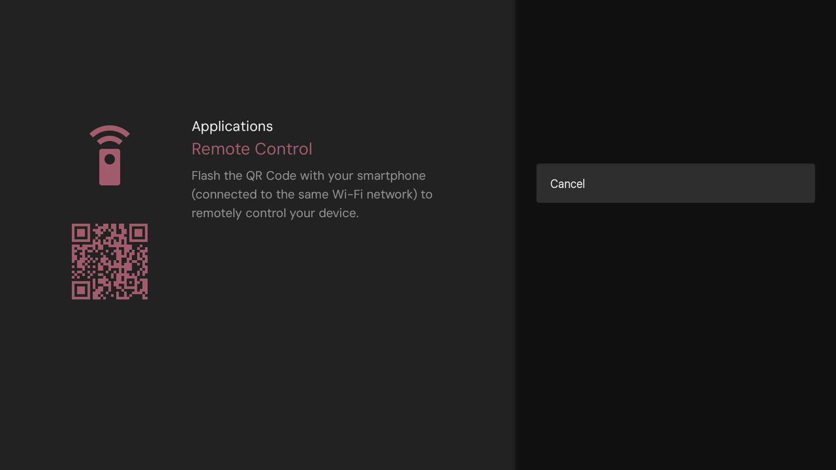 Tela de configuração do controle remoto com código QR para emparelhar o smartphone como controle remoto