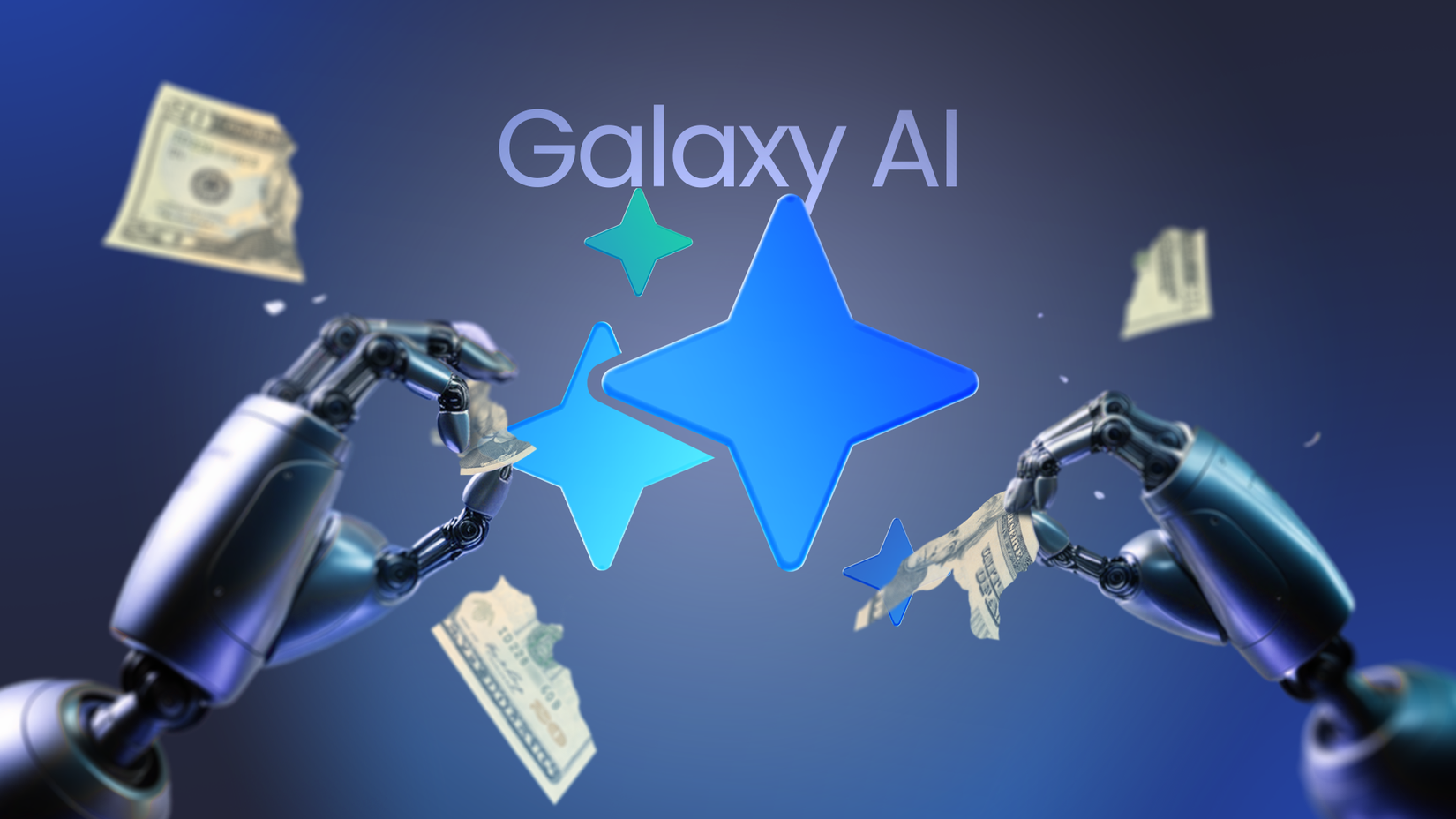 Mãos robóticas rasgando notas de dólar ao redor do logotipo do Galaxy AI em um fundo azul.