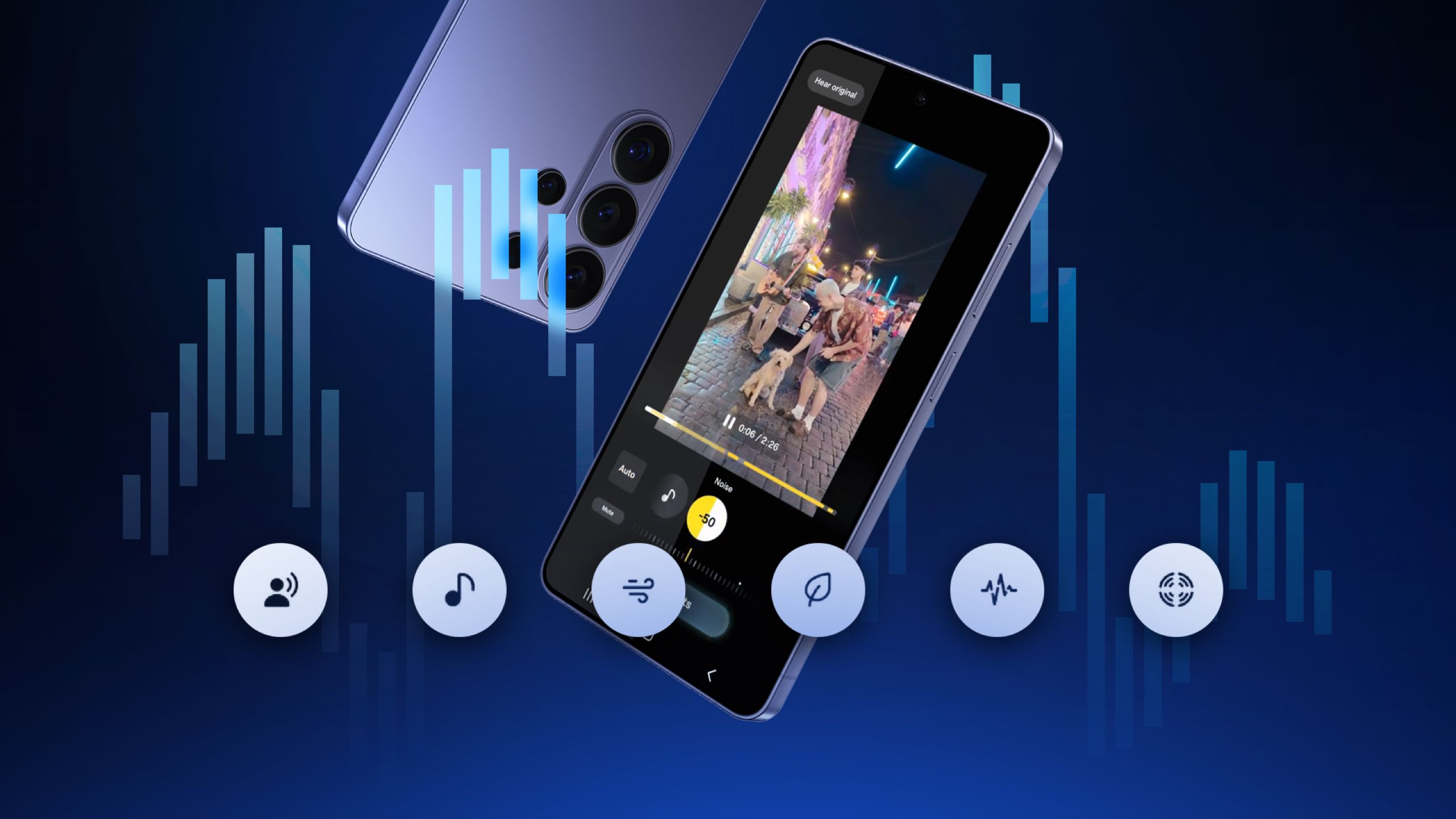 Smartphone Samsung Galaxy su cui è visualizzata l'interfaccia Audio Magic Eraser, circondata da icone di categorie audio fluttuanti e onde audio blu