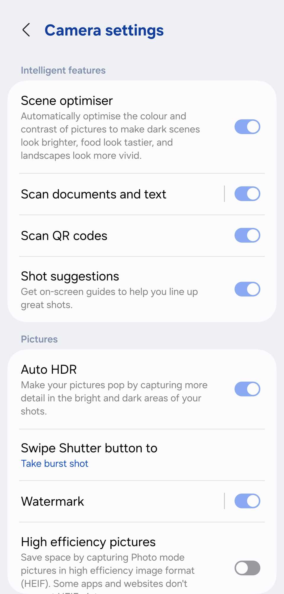 Impostazioni della fotocamera Samsung