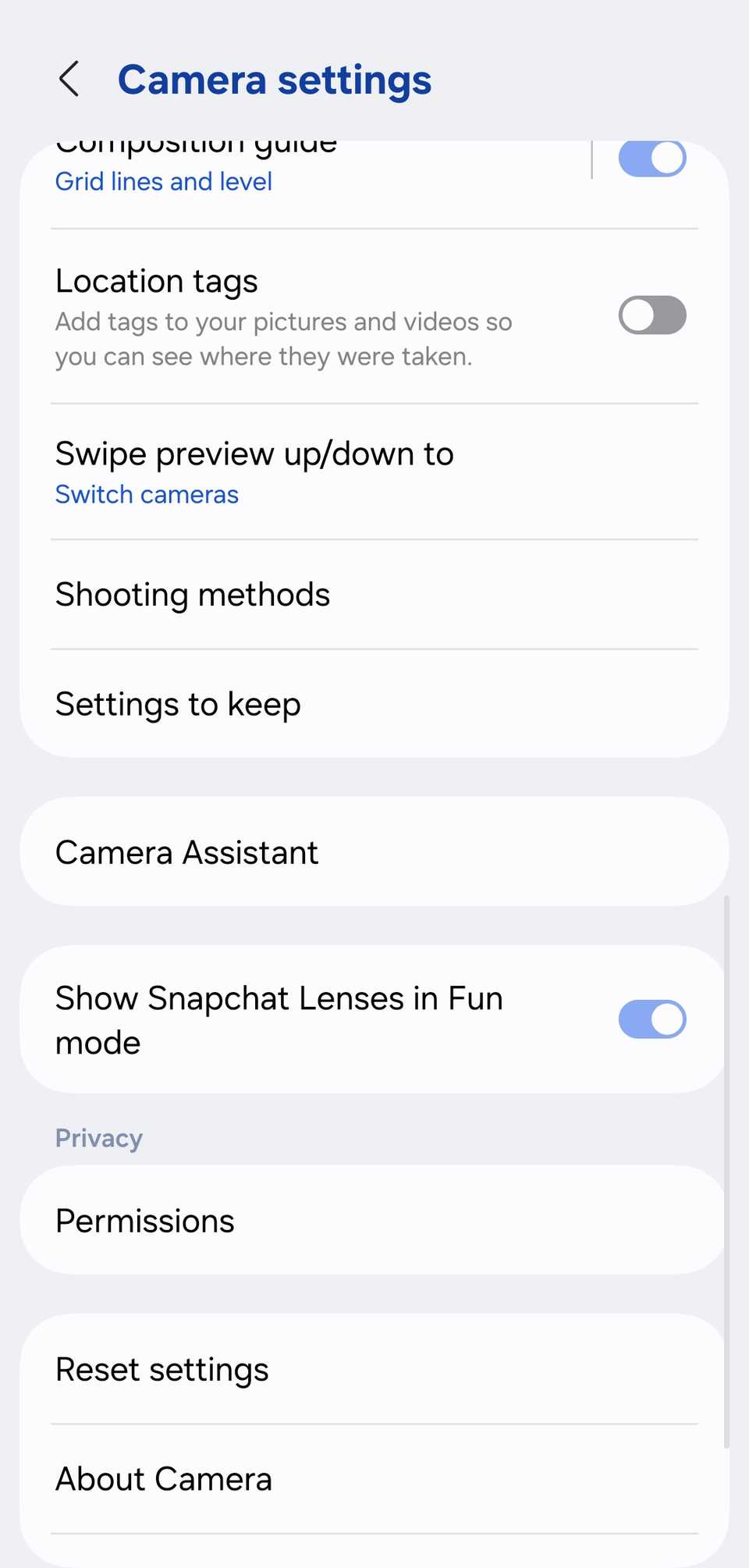 Impostazioni della fotocamera Samsung