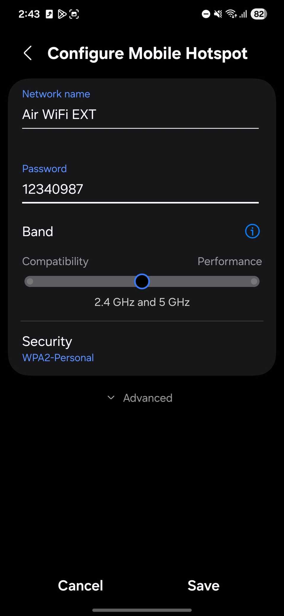 Configuring mobile hotspot on a Samsung Galaxy device
